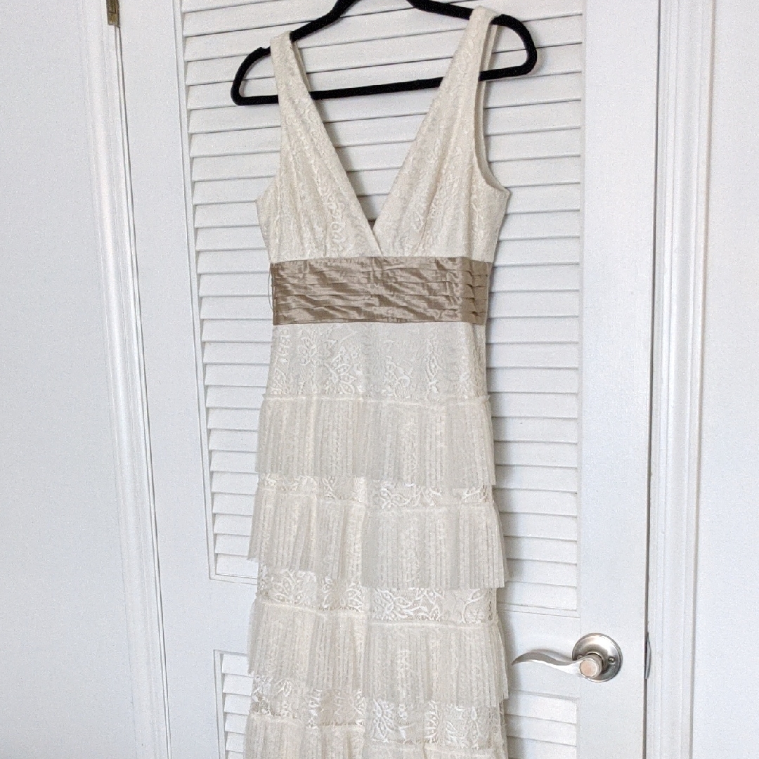 Bcbgmaxazria Cream Lace Maxi Dress With Tan Band